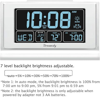 DreamSky Alarm Clocks for Bedrooms with Battery Backup, Auto Set Digital Clock with Date and Day of Week, 5 Inch Large Display with Weekday Temperature, USB Ports, Auto DST, Brightness Dimmer, 12/24H