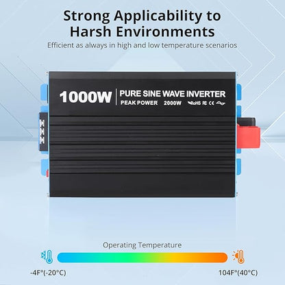 1000W Pure Sine Wave Inverter,1 USB Port 5v/2.1a,LCD Display&Remote Controller for Home, RV, Truck
