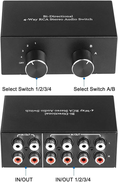 RCA L/R Audio Switcher, 4(2)-in-2(4)-Out Analogue Audio Switch, Noiseless Stereo Speaker Selector for Phono TV Headphones Soundbar PC Game, 4 Way Audio Splitter Box