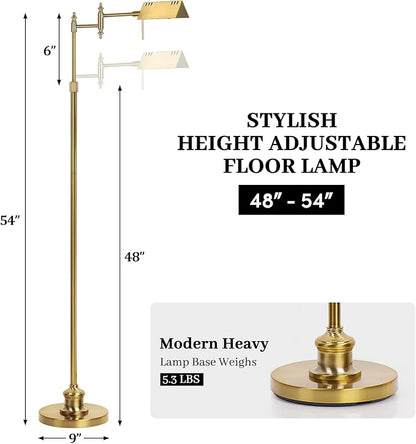 Dimmable Pharmacy Floor Lamp with Remote, 17W Gold LED Reading Floor Lamp with 360°Swing Arm, 3 Color Temperature, Height Adjustable Standing Task Lamp for Living Room, Bedroom, Office, Antique Brass