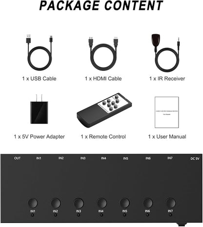 7 HDMI Converter with 4k@60Hz HDMI Switch & Infrared Remote Control - Ideal for Nintendo Switch/OLED/Xbox PS5/4/3 Blu-Ray Player Fire TV Stick Roku Apple TV Chromecast PC