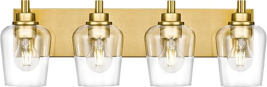METWET Bathroom Light Fixtures, 4-Light Modern Vanity Light with Clear Glass Wine Glass-Shaped Shade, Vanity Lighting Fixtures Over Mirror, Brushed Gold, VL155-BG-4