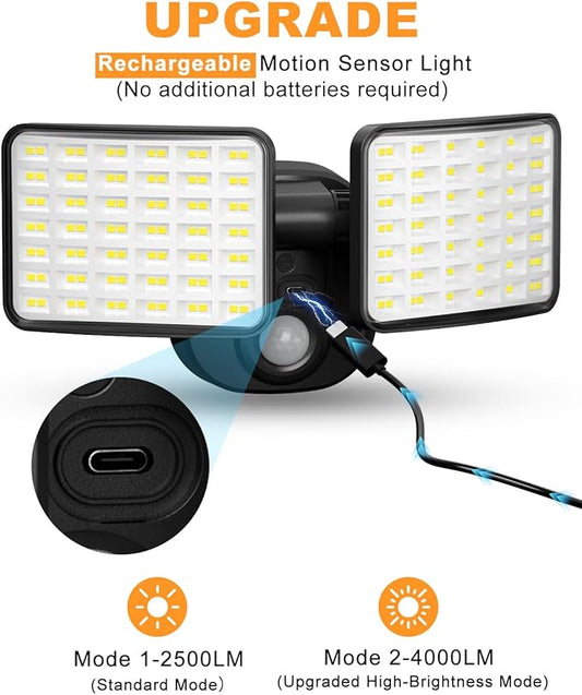 YTKIH Rechargeable Battery Motion Light, 2500LM & 4000LM Dual Modes Motion Sensor Security Lights, USB Charging Wireless Flood Light Battery Powered, LED Outdoor Lights for Garage,Yard,Porch,Shed