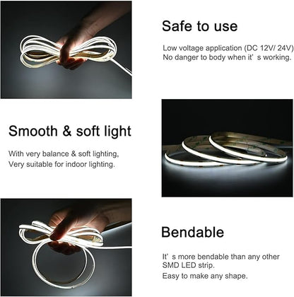 TUNICHX COB LED Strip Lights DC 24V LED Lights Flexible Super Bright LED Strips,16.4ft 6500K White,CRI 90+,2400LEDs High Density Uniform Light for Bedroom Home Decor (No Adapter or Controller)