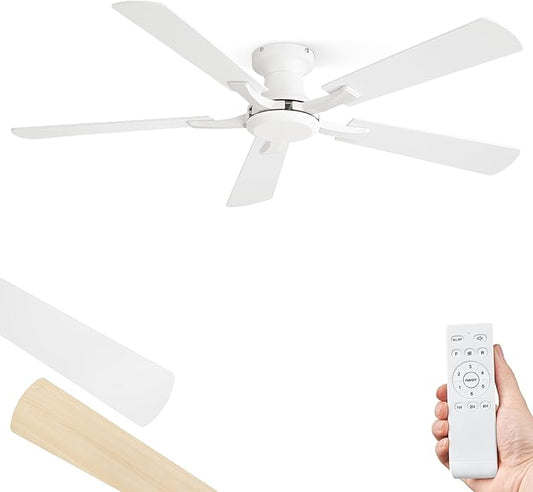 ZMISHIBO 52 Inch Ceiling Fan No Light, Flush Mount Low Profile, Modern White Ceiling Fan Without Light, Remote Control & Quiet DC Motor, for Indoor&Outdoor, Bedroom, Living Room