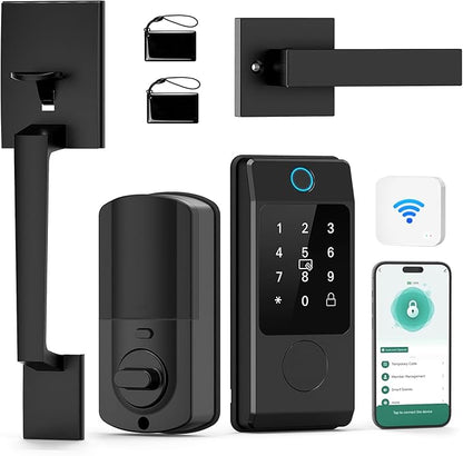 Miuedo WiFi Front Door Lock Sets with Handle, Fingerprint Keyless Entry and Smart Keypad with Lever Handles, Electronic Screen+WiFi Gateway, APP Control, Auto-Lock, Voice Control