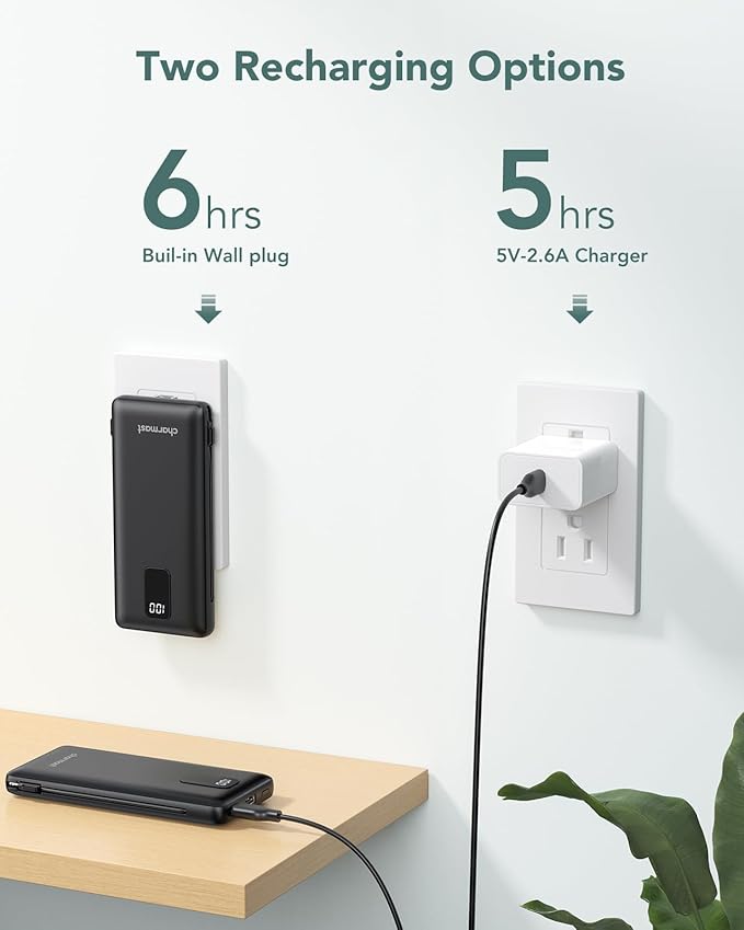 charmast Portable Charger with Built-in Cables & Wall Plug, 10000mAh Portable Power Bank, External Battery Pack Travel Essentials Compatible with iPhone 16/15/14/13, Samsung, iPad etc
