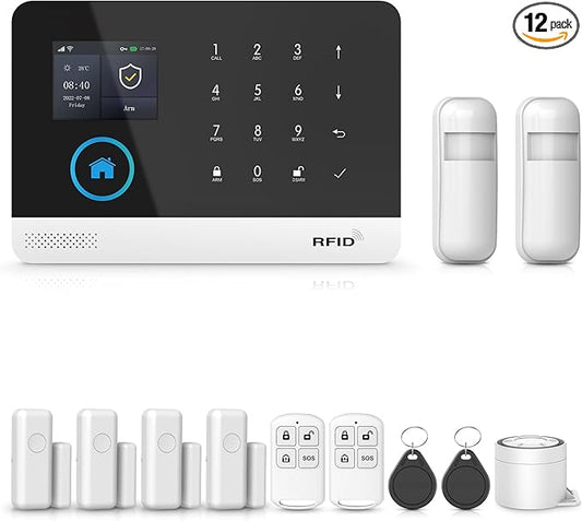 PGST 12 PCS Home Security Systems with LCD Touch Screen,Wireless GSM 4G Burglar Door Open Alarm Systems,120dB Loud Siren,Phone App Control for Villa,Apartment,Home Pets,Kids Safety
