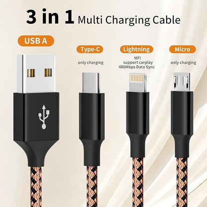 Multi Charging Cable,(3Pack 4FT), Multi Charging Cord 3 in 1 Charging Cable Nylon Braided Universal Charger Phone Charger Cord with Type-C,Micro USB,IP Port for iPhone16/15 Series/Phone&Pad