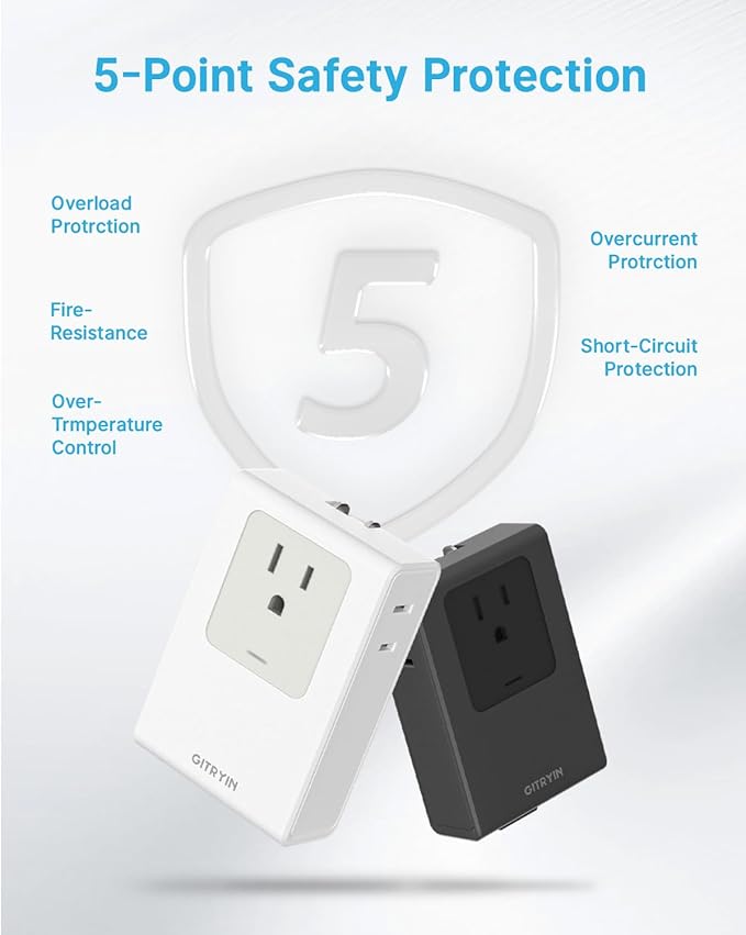 Flat USB C Wall Charger with 31.5in Retractable Type-C Cable, 5-in-1 Slim Wall Charger, 40W Fast Charging Power Plug with 3 Outlets 1 USB C Port, Type A Power Adapter for US to Japan Travel