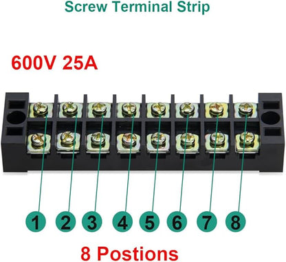 MILAPEAK Terminal Block and Strip - 4 pcs 8 Positions 600V 25A Dual Row Screw Terminals Strip with Cover + 8 pcs 400V 25A 8 Positions Pre-Insulated Terminal Barrier Jumper Strips Black & Red