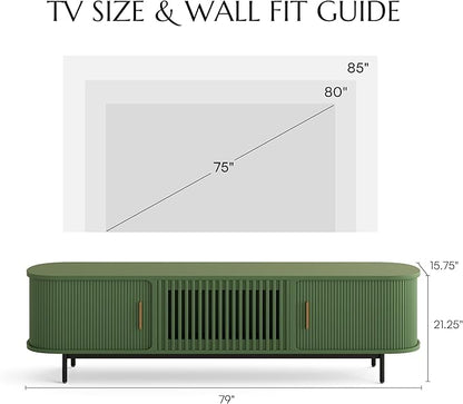 POVISON Fully-Assembled Modern Green TV Stand with Tambour Doors, Fluted TV Media Console for 75 Inch TVs, Sliding Door Entertainment Center with Storage for Living Room (Green, 78.74")