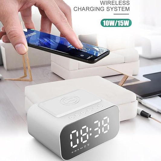 IHAO 7in1 Multifunctional Digital Alarm Clock with 15W Fast Wireless Charger Bluetooth Speaker LED Display Clock FM Radio TF Card, AUX Input, USB Port Dual Alarm for Bedroom and Office-BT510 White