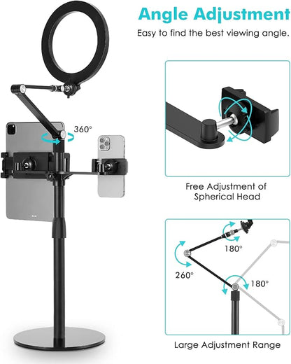 viozon 3-in-1 Selfie Desktop Live Stand, Height Adjustable/Overhead, 8" LED Ring Light, Compatible with 3.5-13" Tablet& Phone, Suitable for YouTube/Tiktok/Recording/Streaming/Online Meeting-B