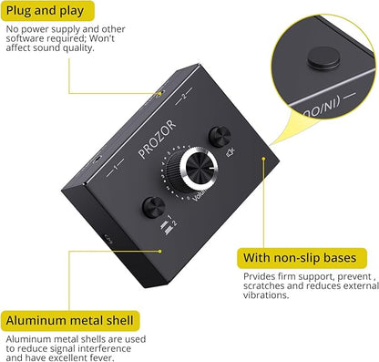 PROZOR 3.5mm Audio Bi-Directional Switcher - 2(1)-in-1(2)-Out 3.5mm Stereo Audio Switch Splitter 2 x 1/1 x 2, with Mute Button and No External Power Required