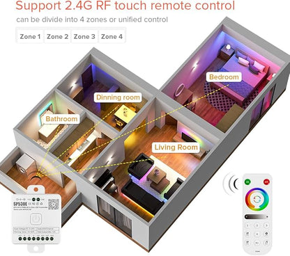 BTF-LIGHTING SP530E WiFi Alexa Bluetooth Controllers 4 Zones 2.4GHz RF RB4 Remote Kit Support FCOB COB SMD PWM or SPI RGBCCT RGBWW LED Strip WS2805 IC DC5V DC12V DC24V