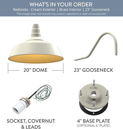 Steel Lighting Co. Large Outdoor Barn Light | Gooseneck Light Fixture | Made in America from 18-Gauge Steel | 20" Dome | 23" Gooseneck Cream Exterior/Brass Interior