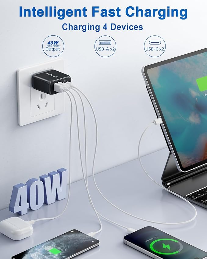 40W USB C Charger Block, 2 Pack 4-Ports Type C Fast Charging Cubes PD USBC Wall Plug+QC 3.0 USB A, Multiple USB C Charger for iPhone 16/15/14/13/12/11 Pro Max/XS, Samsung Galaxy, iPad, Tablet, Pixel