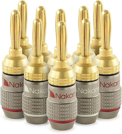Nakamichi FanLock Excel Series 24k Gold Plated Banana Plugs 10 AWG - 18 AWG Gauge Size 4mm for Speakers Amplifier Hi-Fi Stereo Home Theatre Radio Audio Wire Cable Quick Connector, 10 Pcs (5-Pairs)