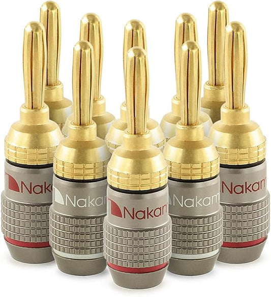 Nakamichi FanLock Excel Series 24k Gold Plated Banana Plugs 10 AWG - 18 AWG Gauge Size 4mm for Speakers Amplifier Hi-Fi Stereo Home Theatre Radio Audio Wire Cable Quick Connector, 10 Pcs (5-Pairs)
