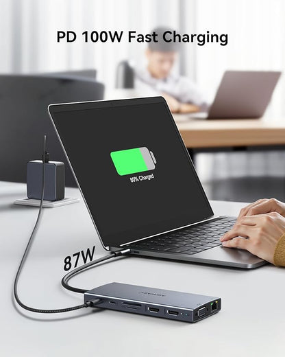 USB C Docking Station Dual Monitor for Dell/HP/Lenovo/Surface Laptop,15 in 1 Triple Display Multiport Adapter Hub, USBC Dock Dongle with 2 HDMI+VGA+6 USB C/A+Button+100W PD +Ethernet+SD/TF+Audio