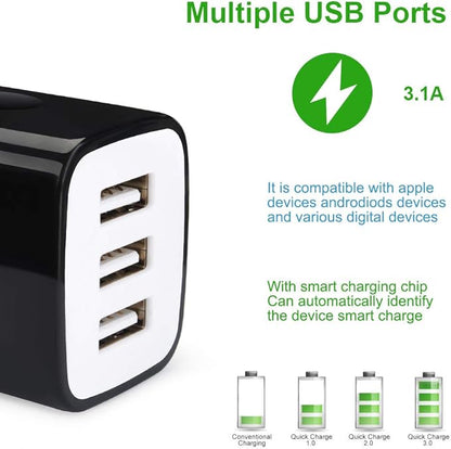 Wall Charger Adapter,USB Cubes,Sicodo 3Pack Universal Travel 3.1A 3 Muti Port Plug Charging Block Compatible with iPhone 16,15,14,13,12,SE 2020,11,X,Plus,Samsung GalaxyS24,S23,S22,S21,S20Ultra,Plus,LG