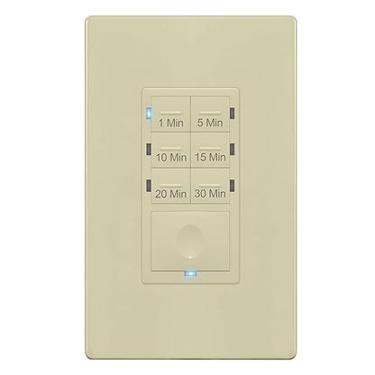 ENERLITES Countdown Timer Switch for bathroom fans and household lights, 1-5-10-15-20-30 Min Settings with Manual Override, Always On Blue LED, Neutral Wire Required, UL Listed, HET06A-R-I, Ivory