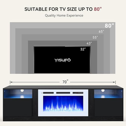 YISUFO 70" TV Stand with 36" Electric Fireplace, Large Modern Media Entertainment Center with Storage Cabinet and 12 Colors LED Lights for TVs Up to 80",Black & White