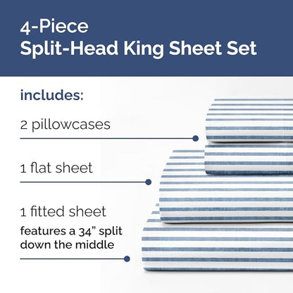 Split Head King Sheet Set – 4 Piece Flex Split Top King Sheets for Adjustable Beds - Fits 14” to 16" Mattress w/ Deep Pockets - Breathable & Cooling - Luxury Bedding and Wrinkle Free - Blue Stripes 3