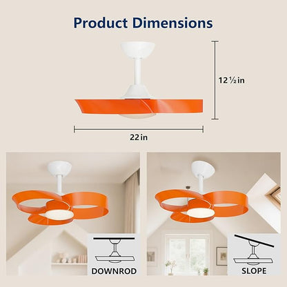 FANX 22 Inch Ceiling Fan with Light and Remote, Quiet DC Motor, Dimmable LED, Reversible 3-Speed Control, Easy Installation Flush Mount Fan for Small Rooms (Tangerine)