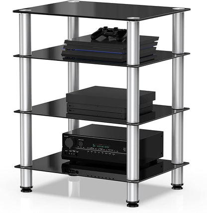 FITUEYES 4-Tier Media Stand Audio/Video Component Cabinet with Glass Shelf for/Apple Tv/Xbox One/ps4 Panda Silver Color