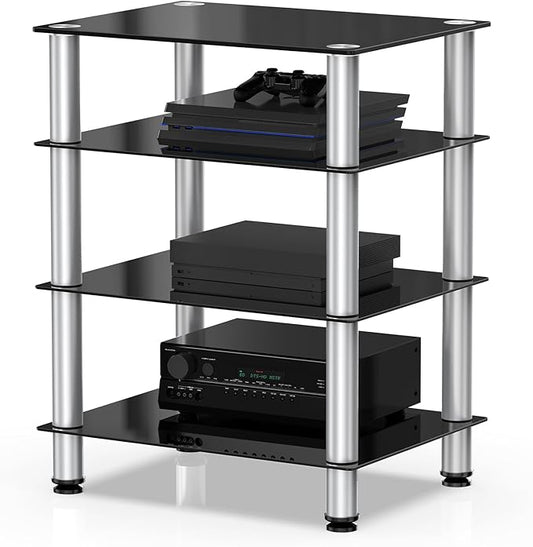 FITUEYES 4-Tier Media Stand Audio/Video Component Cabinet with Glass Shelf for/Apple Tv/Xbox One/ps4 Panda Silver Color
