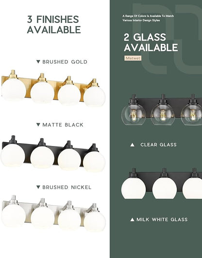 METWET Bathroom Light Fixtures, 4 Light Matte Black Vanity Light, 26 Inch Modern Wall Sconces with Globe Milk White Glass Shade, Vanity Lighting Fixtures Over Mirror, VL195-MB-ML-4