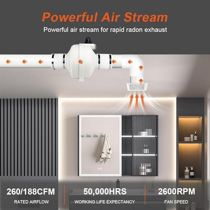 MIDCVFRUN 4 inch Radon Fan, 2 speed 260/188CFM Radon Mitigation System Quickly Mitigate Radon Quiet and Energy Efficient IP67 Waterproof Indoor Outdoor Installation