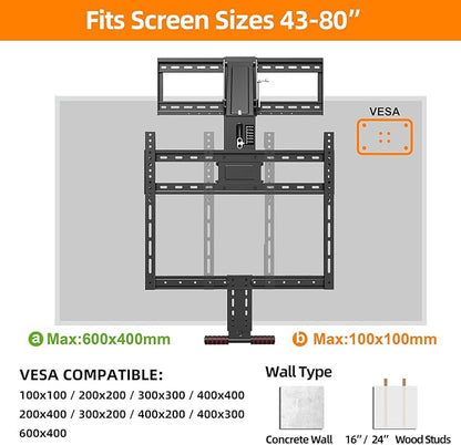 Pull Down TV Mount for Fireplace, Height Adjustable for Most 43-80 Inch TVs, Max VESA 600x400mm up to 80lbs, Full Motion Articulating Above Mantle Installation