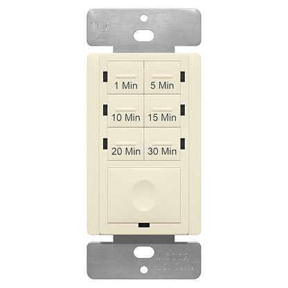 ENERLITES 30-Minute Countdown Timer Switch, 1-5-10-15-20-30 Min, for Bathroom Fans, Heaters, Lights, LED Indicator, 120VAC 800W, No Neutral Wire Required, UL Listed, HET06A-J-LA, Light Almond