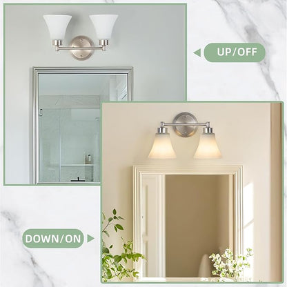 LOUSACE 2 Light Bathroom Vanity Light Brushed Nickel Bathroom Lighting Fixtures Over Mirror with Opal White Frosted Glass, Vintage Traditional Wall Lighting Fixture Satin Nickel Vanity Lights
