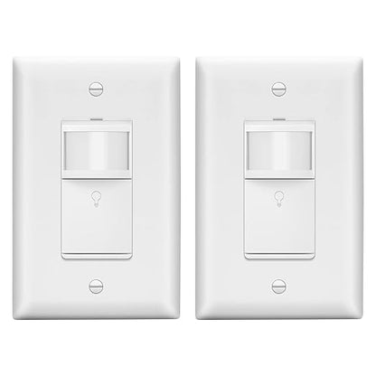 LIDER Motion Sensor Switch with Wall Plate, PIR Sensor Light Switch, Occupancy & Vacancy Modes, No Neutral Wire Required, 120V, 60Hz, 150W LED/CFL, Single Pole, LPS-1P-WWP2P, White, 2 Pack