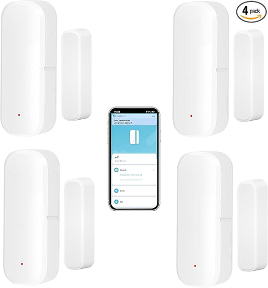 WiFi Door Sensor: Wireless Window Sensor with App Alerts, Tuya Smart Contact Sensor for Home Security and Smart Home Automation, No Hub Required, Compatible with Alexa Google Assistant(4-Pack)