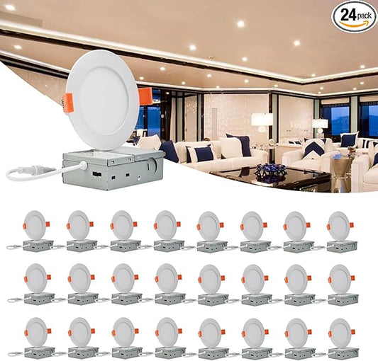 MKUJOO 24 Pack 6 Inch Ultra-Thin LED Recessed Ceiling Light with Junction Box,panel light,Daylight, 13W,2700K/3000K/3500K/4000K/5000K Selectable Dimmable Downlight ETL&FCC&CE and Energy Star Certified