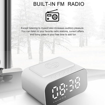 IHAO 7in1 Multifunctional Digital Alarm Clock with 15W Fast Wireless Charger Bluetooth Speaker LED Display Clock FM Radio TF Card, AUX Input, USB Port Dual Alarm for Bedroom and Office-BT510 White