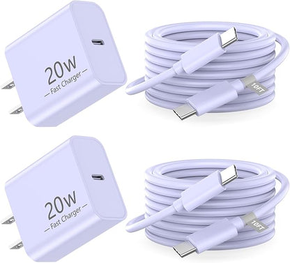 Matsusho 20W USB C Wall Charger Fast Charging Compatible for iPhone 16/16 Plus/16 Pro/16 Pro Max/15/15 Pro/15 Pro Max/15 Plus, 2 Pack iPhone 16 15 Charger Block with 10FT Type C Charging Cable, Purple