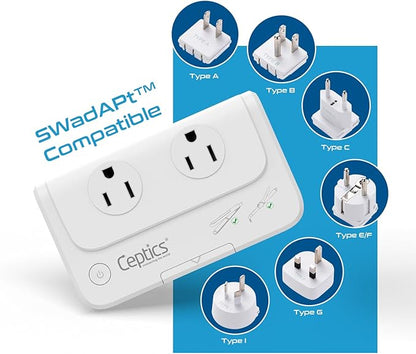 Ceptics Travel Voltage Converter -200W Convert 220V to 110V for Curling Iron, Straightener, Charger Step Down World Power Plug - 4 USB PD 18W Fast Charging - SWadApt - Type A, B, C, E/F, G, I Include