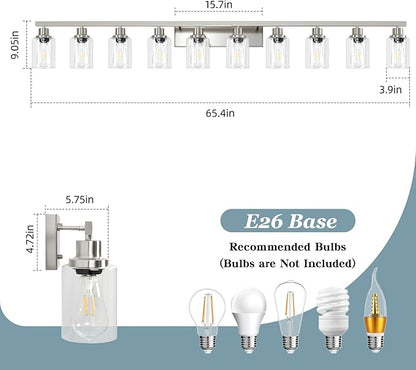 DIKAIDA Brushed Nickel Bathroom Vanity Light,10-Light Vanity Lights with Clear Glass,64.5in Modern Bathroom Wall Lights Fixtures Over Mirror,Wall Sconces Lighting for Bedroom Living Room,E26