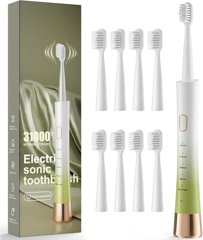 AJELU Upgrade Sonic Electric Toothbrush for Adults, 8 Replacement Brush Heads, Rechargeable Electric Toothbrush with 2-Minutes Timer IPX7 Water-Proof, for Indoor & Outdoor, White & Green Gradient