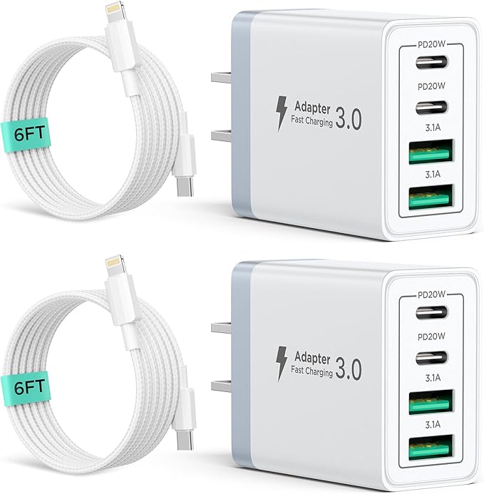 2 Pack USB C Wall Charger, 40W 4-Port USB C Fast Charger Block Dual Port QC+PD 3.0 Power Adapter, Multiport Type C Brick Charger with Lightning Cable for iPhone 14 13 12 11 Pro Max XS XR X 8 7 6 Plus