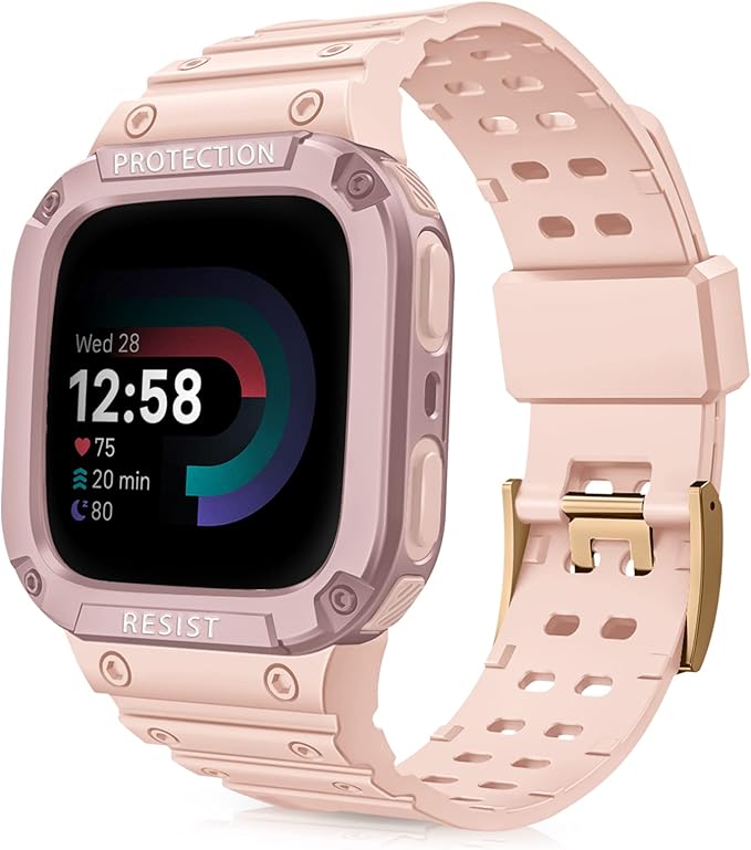 FINTIE Bands with Case Compatible with Fitbit Versa 4/3/2/1/Versa Lite/Fitbit Sense 2/Sense, Protective Case Strap Rugged Sport Band Men, Pink Sand