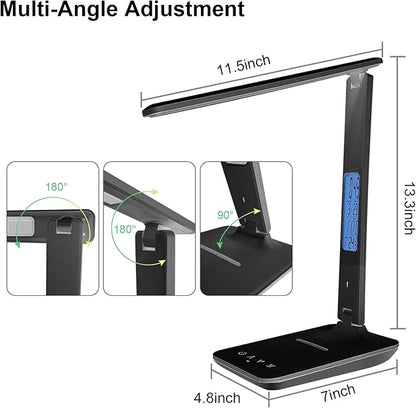 snsok Desk Light with Wireless Charger, USB Charging Port, Dimmable Office Desk Lamp with Clock, Alarm, Date, Temperature, Foldable Lamp for Table Bedroom Bedside Office