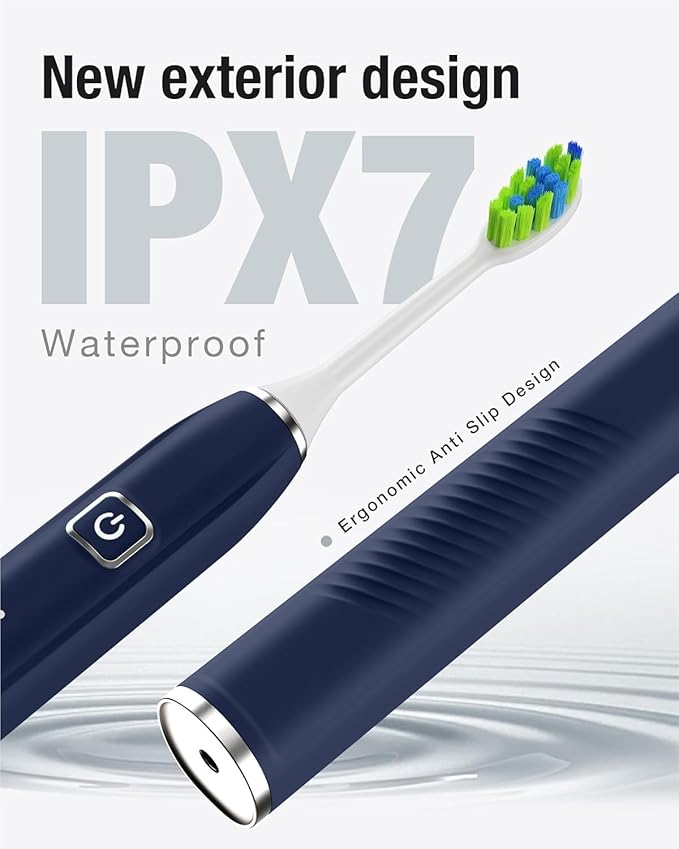7AM2M Ultrasonic Electric Toothbrush with 6 Brush Heads for Adults&Kids, One Charge for 120 Days, USB-C Charge, 5 Modes, 40000VPM Powered Toothbrush, 2 Minutes Built in Smart Timer (Navy Blue)