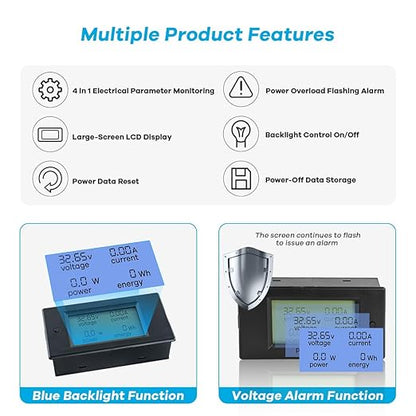 Hosyond DC 6.5-100V 0-100A LCD Display Digital Power Monitoring Meter Voltage Current Power Energy Meter Ammeter Voltmeter Multimeter with 100A Current Shunt